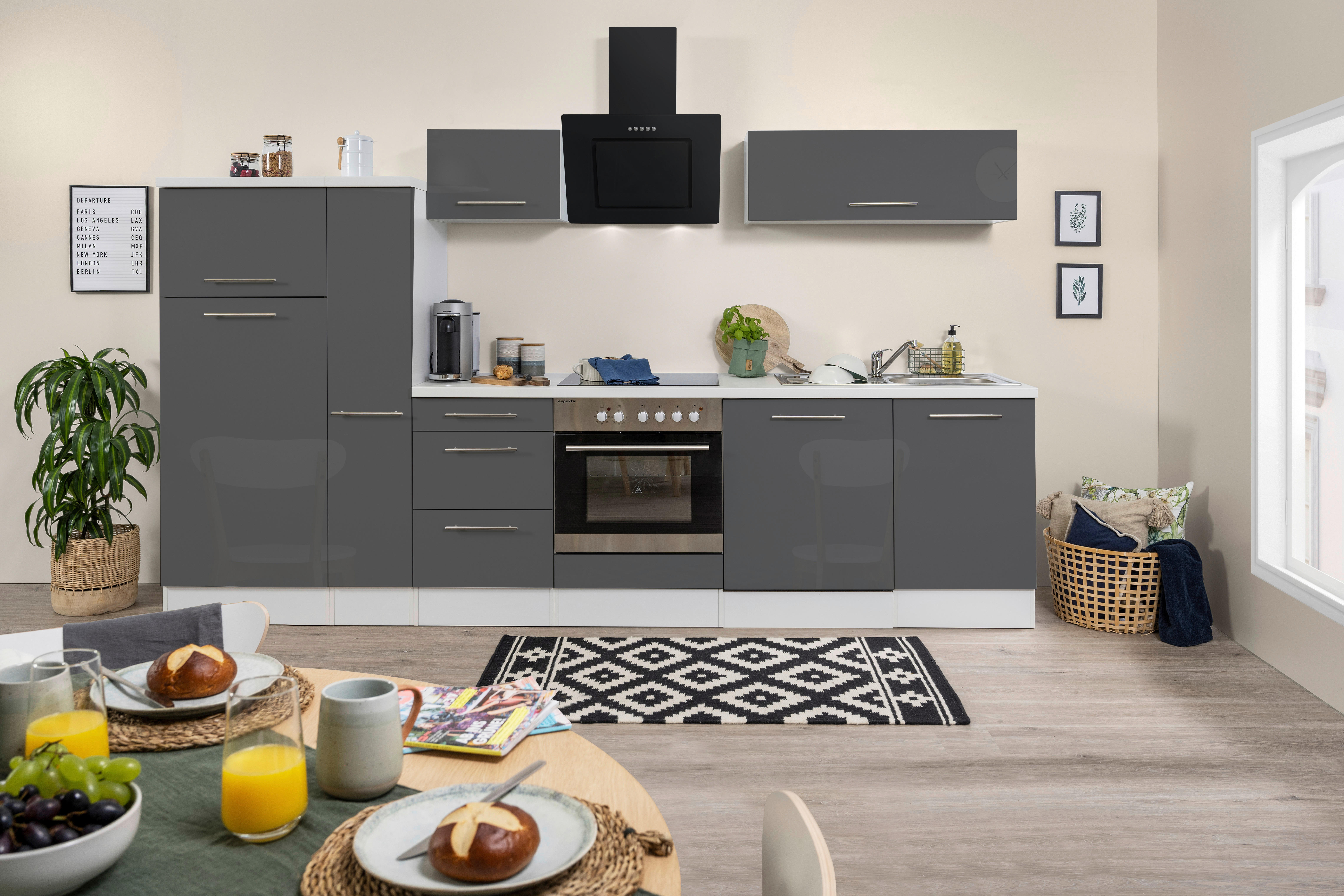 Respekta Küchenblock Amanda grau Hochglanz B/H/T: ca. 310x200x60 cm Amanda - weiß/Edelstahloptik (310,00/200,00/60,00cm) - Respekta