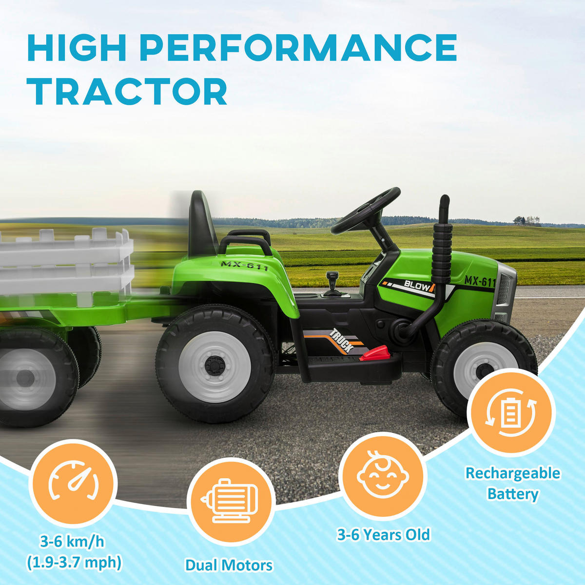 HOMCOM Kinder Elektro-Traktor grün B/H/L: ca. 50x52,5x136,5 cm Kinder Elektro-Traktor - grün (136,50/50,00/52,50cm) - HOMCOM