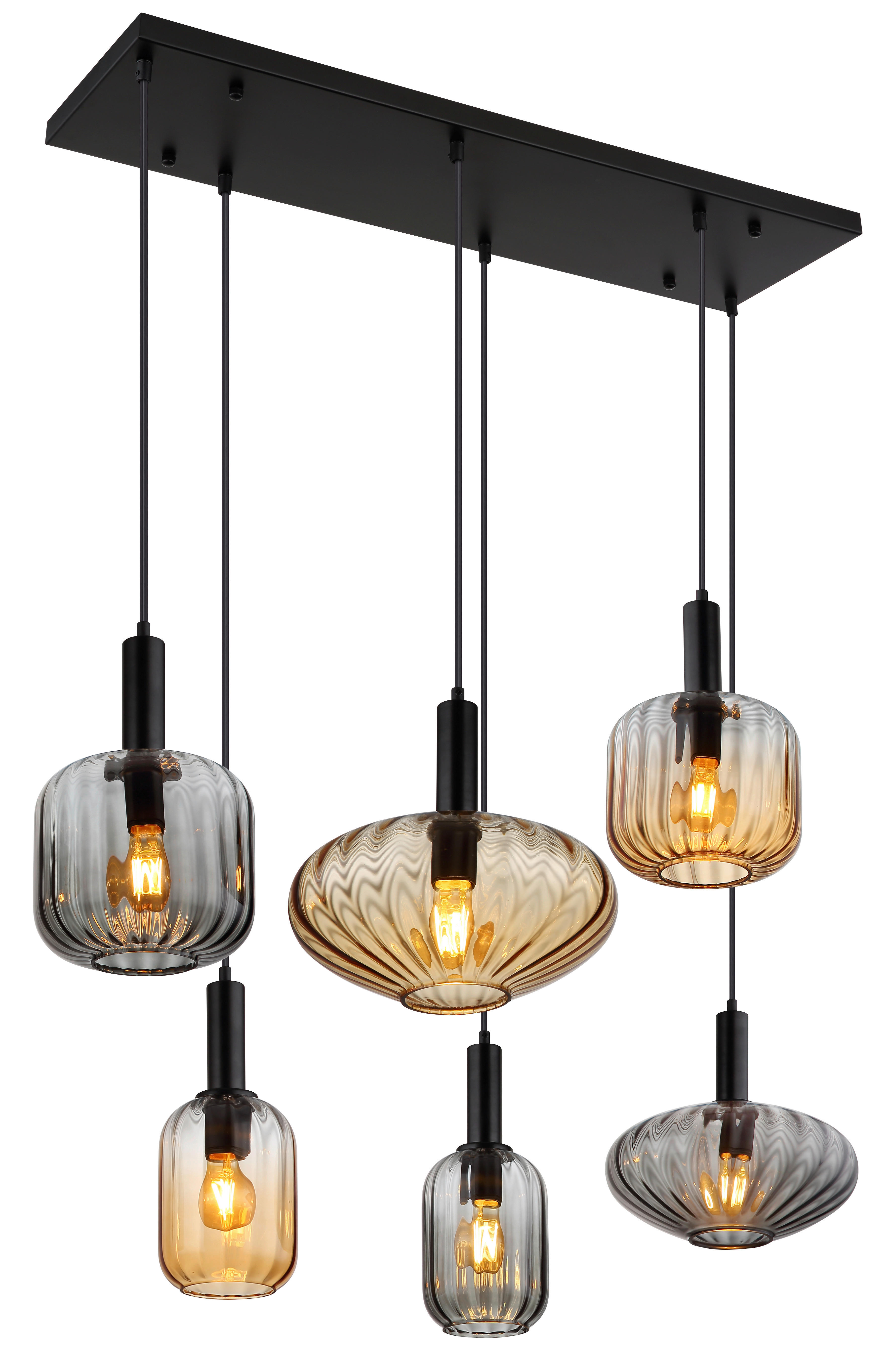 GLOBO Pendelleuchte schwarz Rauch amber Metall Glas PVC B/H/L: ca. 47x150x100 cm E27 6 Brennstellen VALLETTA - schwarz/amber (100,00/47,00/150,00cm) - GLOBO