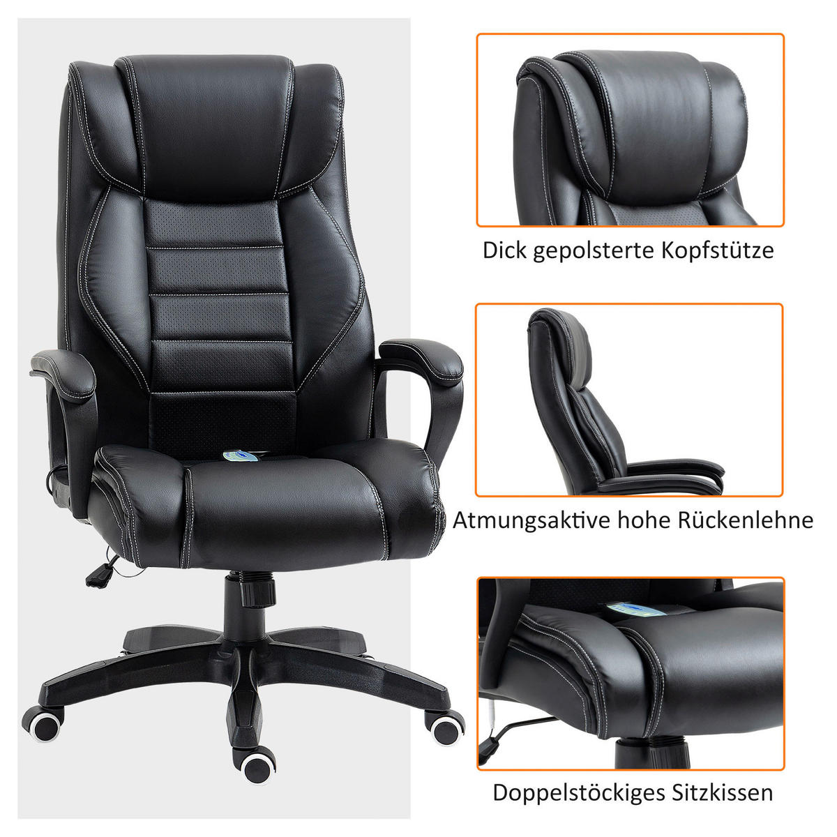 Chefsessel 921-321 schwarz Kunstleder Nylon Kunststoff 921-321 - schwarz (66,00/120,00/78,00cm) - Vinsetto