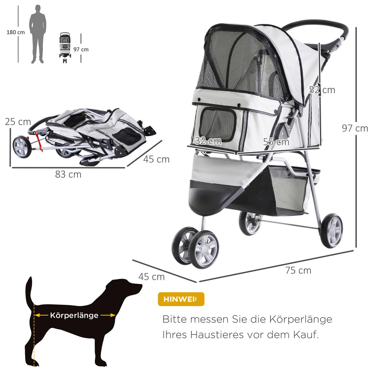 PawHut Hundebuggy grau Kunststoff B/H/L: ca. 45x97x75 cm Hundebuggy - grau (75,00/45,00/97,00cm) - PawHut