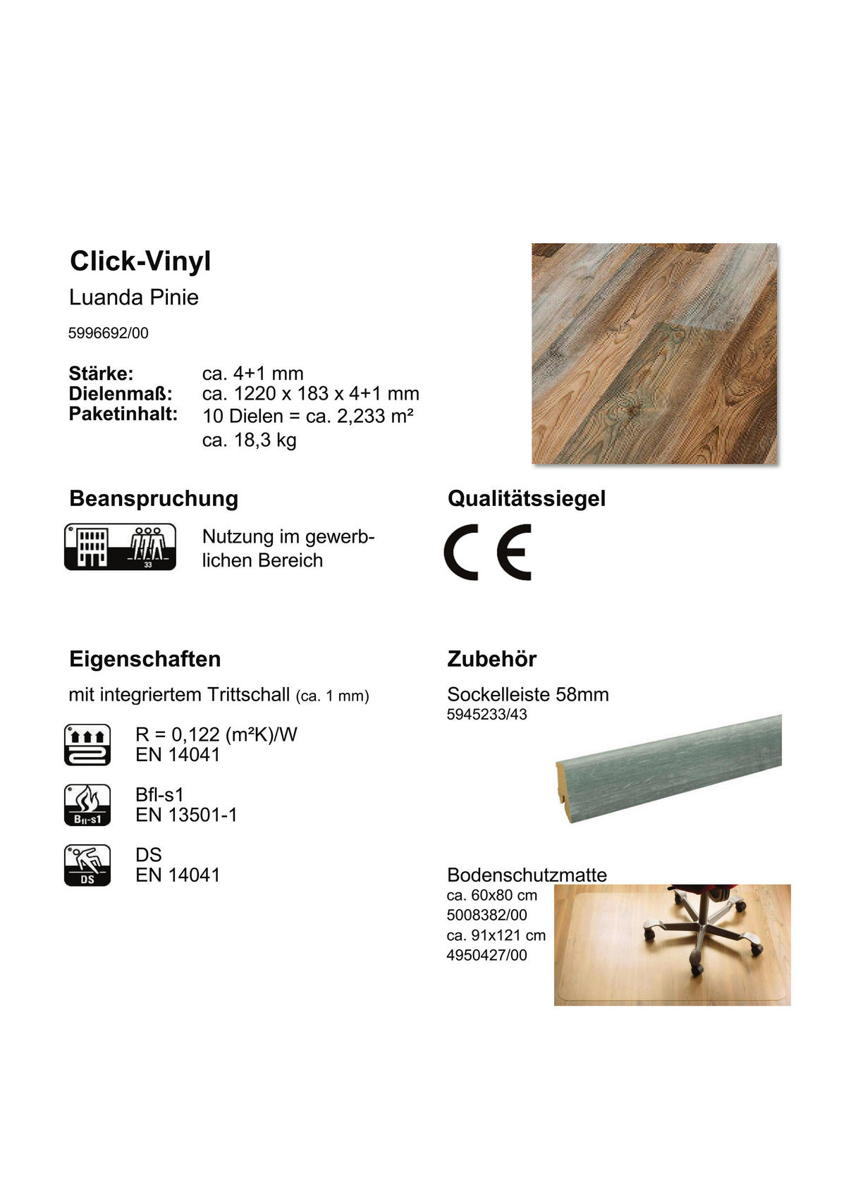 Click-Vinylboden Luanda ca. 2,233 m² im Paket  B/L: ca. 18,3x122 cm pro Paket Luanda ca. 2,233 m² im Paket - (18,30/122,00cm)