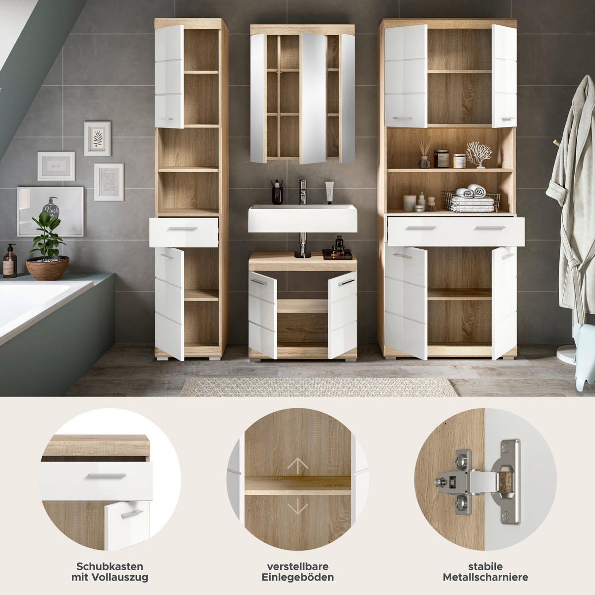 Badezimmer-Set Lambada Eiche Sonoma Nachbildung weiß Hochglanz B/H/T: ca. 186x191x34 cm Lambada - Eiche/weiß (186,00/191,00/34,00cm) - xonox.home