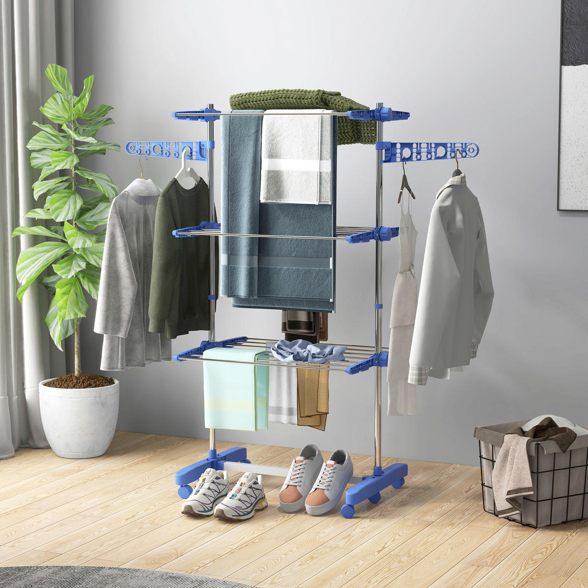 HOMCOM Wäscheständer blau Kunststoff B/H/L: ca. 55x142x152 cm Trockenständer - blau (152,00/55,00/142,00cm) - HOMCOM