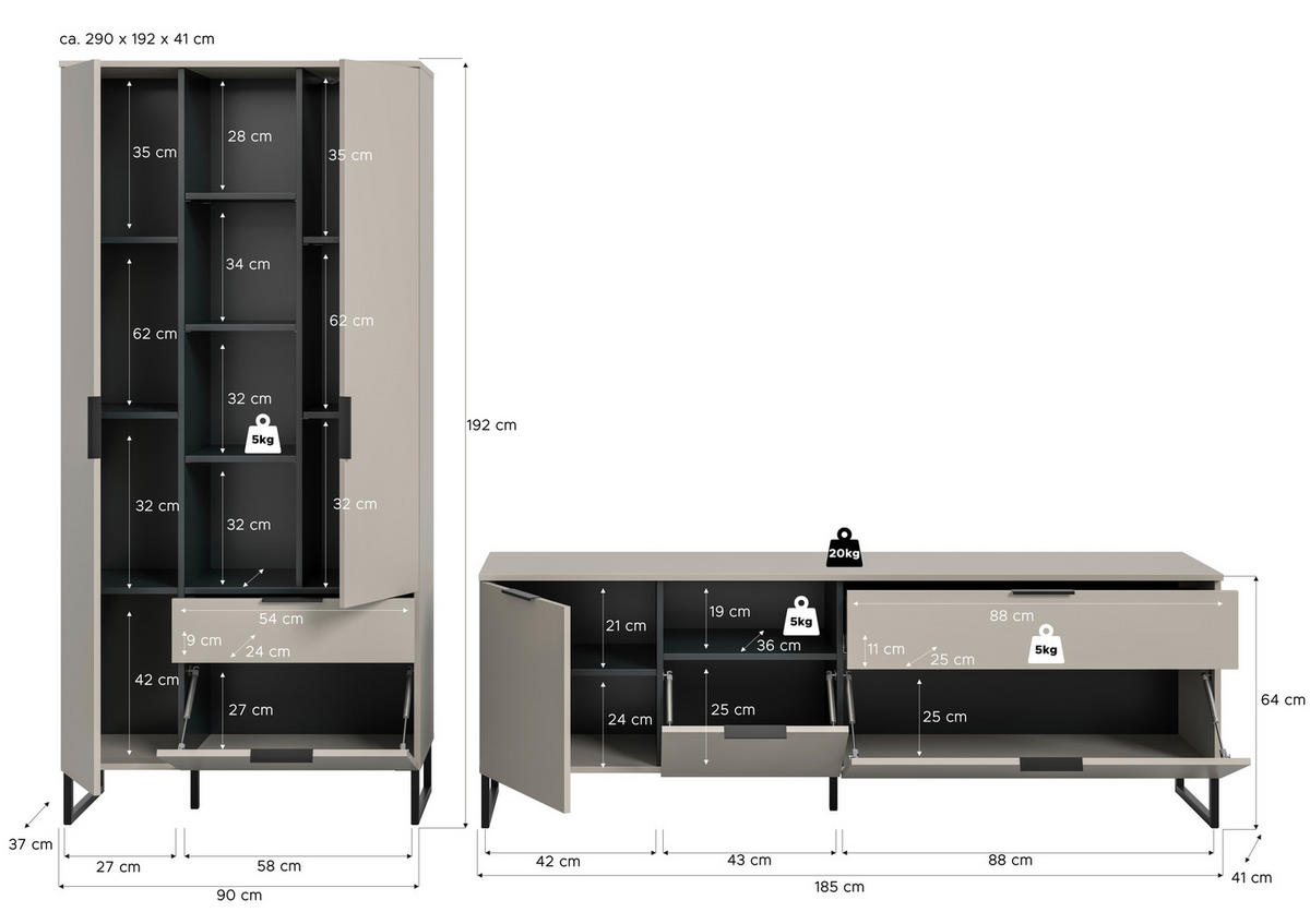 Wohnwand Noida Kaschmirgrau Nachbildung schwarz B/H/T: ca. 290x192x41 cm Noida - schwarz (290,00/192,00/41,00cm) - xonox.home