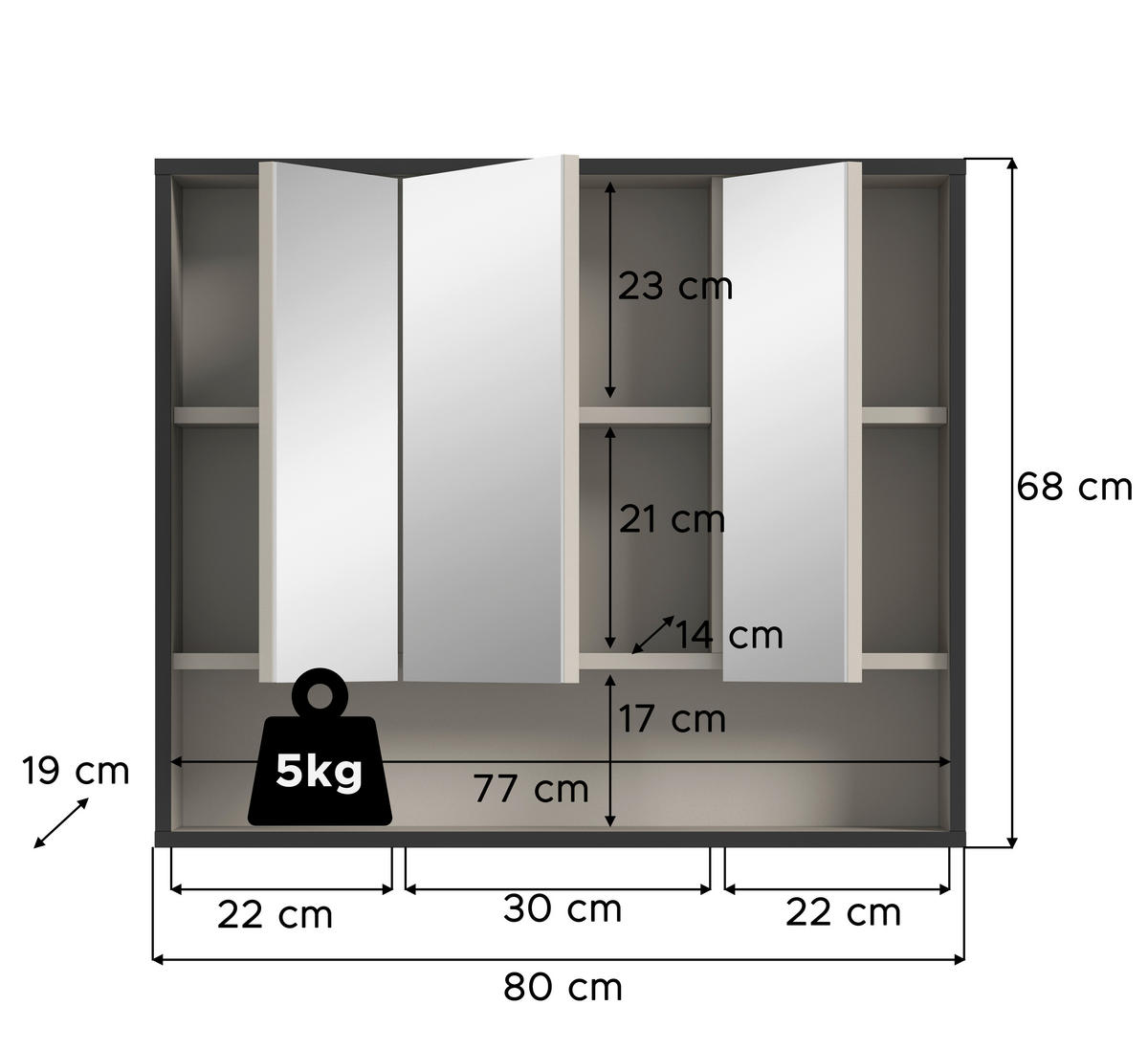Spiegelschrank BAGNO schwarz Kaschmirgrau Nachbildung B/H/T: ca. 80x68x19 cm BAGNO - schwarz (80,00/68,00/19,00cm) - xonox.home