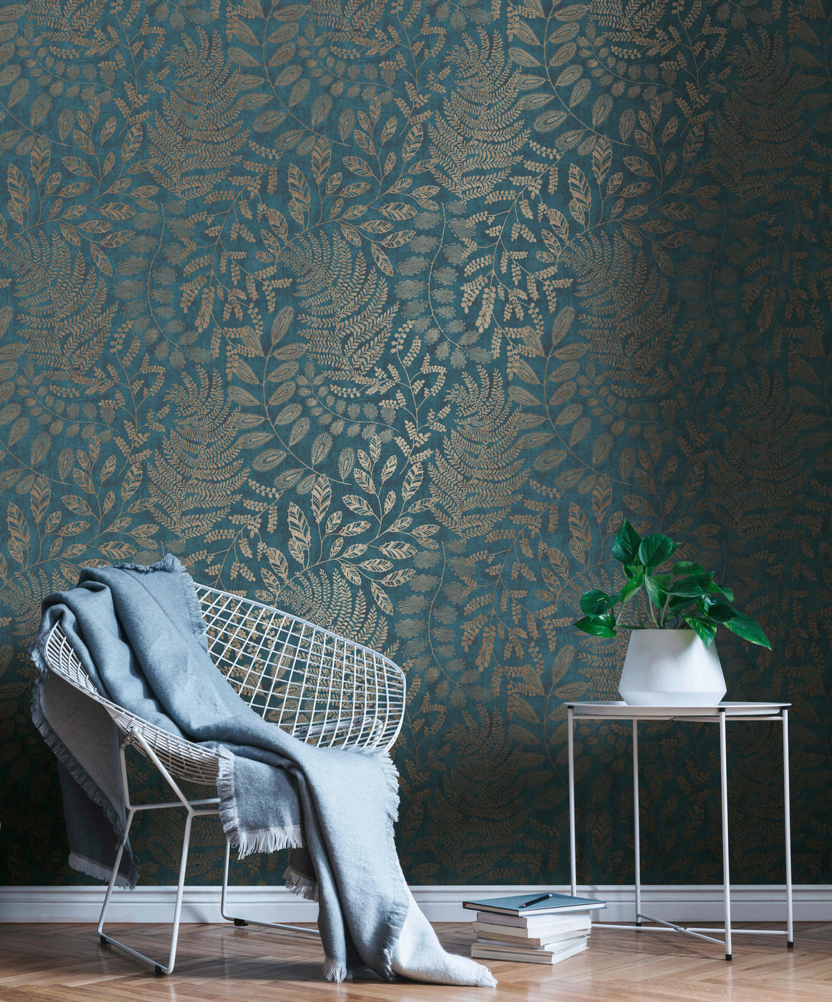 Vliestapete Blätter petrol gold B/L: ca. 53x1005 cm Vliestapete_38830-4 - gold/petrol (53,00/1005,00cm)