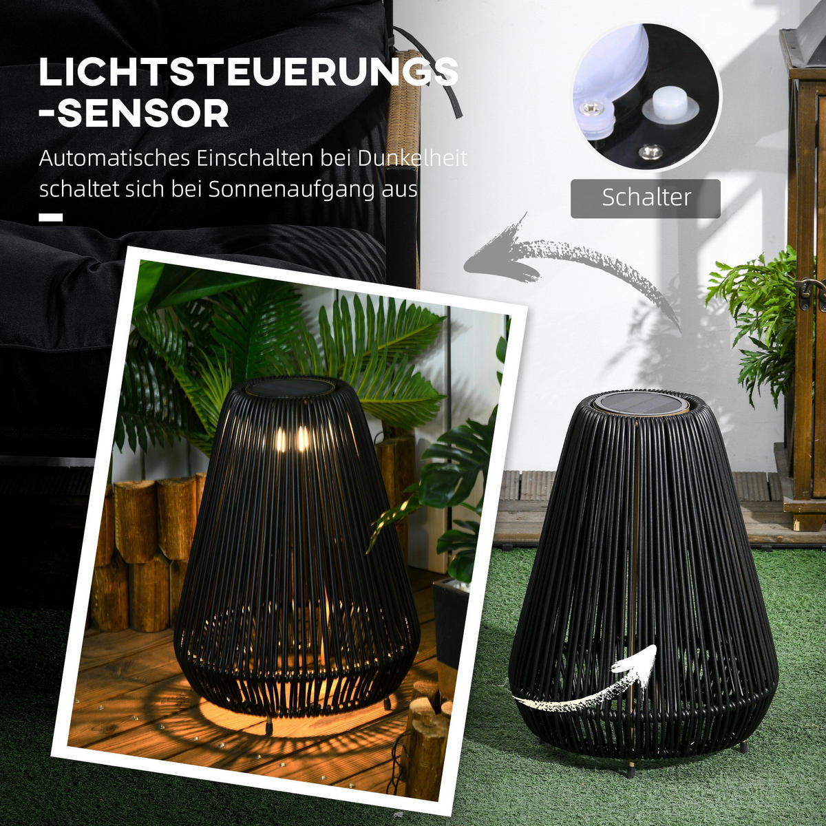 Solarleuchte 867-218V00BK schwarz Edelstahl Polypropylen Polyrattan B/H/L: ca. 27x27x37 cm Rattan_Solarleuchte - schwarz (37,00/27,00/27,00cm) - Outsunny