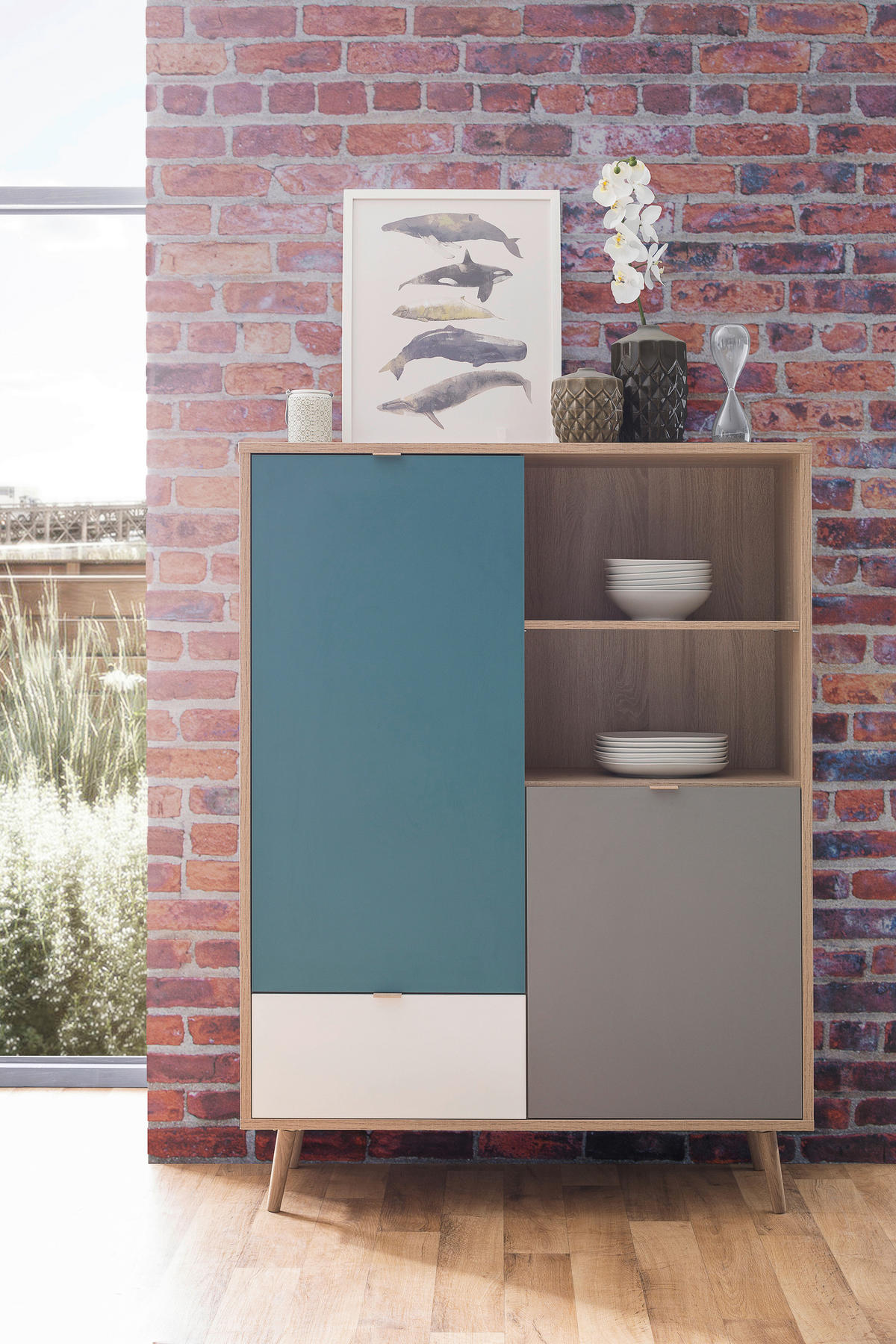 Highboard Cuba Eiche Sonoma Nachbildung weiß grau petrol B/H/T: ca. 103x139x40 cm Cuba - Eiche/weiß (103,00/139,00/40,00cm)