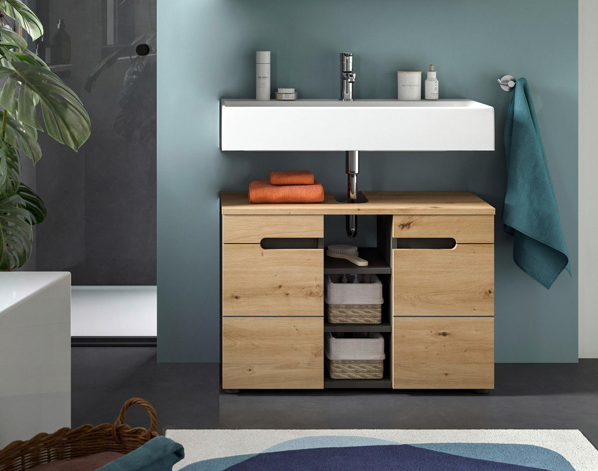 Waschbeckenunterschrank Canu Basalt Eiche Artisan Nachbildung B/H/T: ca. 80x55x34 cm Canu - Eiche/Basalt (80,00/55,00/34,00cm) - xonox.home