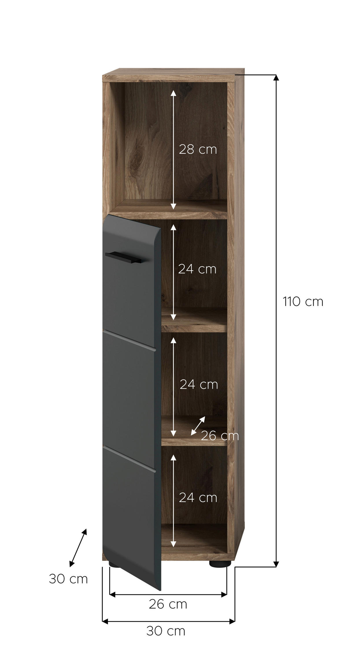 Schrank Ice Nox Oak Nachbildung schwarz matt B/H/T: ca. 30x110x30 cm Ice - schwarz (30,00/110,00/30,00cm) - xonox.home