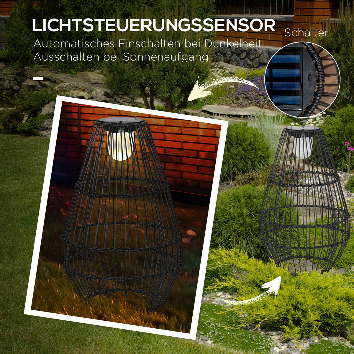 Solarleuchte 867-125V00BK schwarz Edelstahl Polypropylen Polyrattan B/H/L: ca. 34x34x56 cm Solarlampe - schwarz (56,00/34,00/34,00cm) - Outsunny