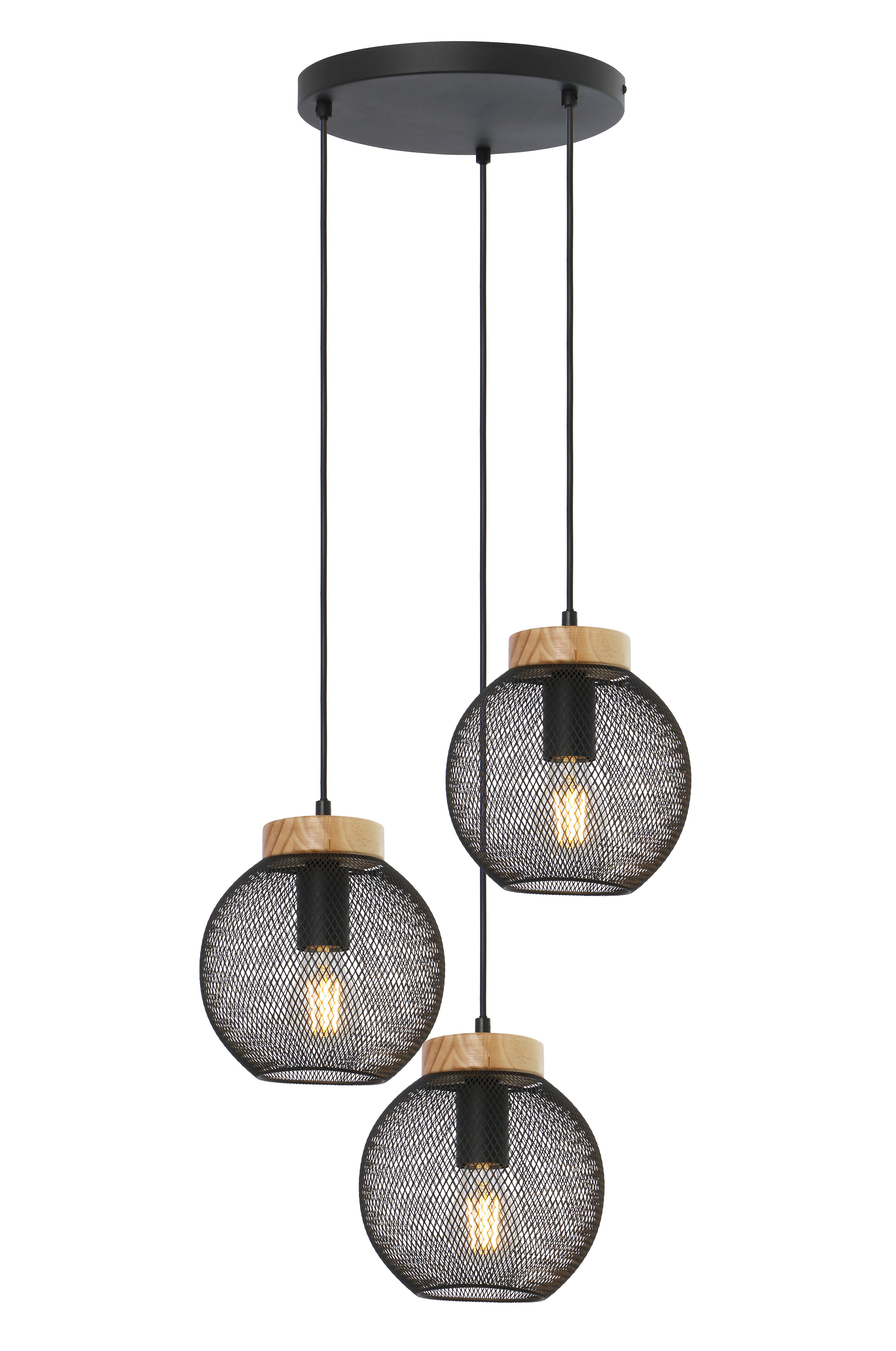 GLOBO Pendelleuchte Pablo 15663-3H schwarz natur Metall Holz H/D: ca. 120x44 cm E27 3 Brennstellen Pendelleuchte_Pablo 3flg. - natur/schwarz (44,00/120,00cm) - GLOBO