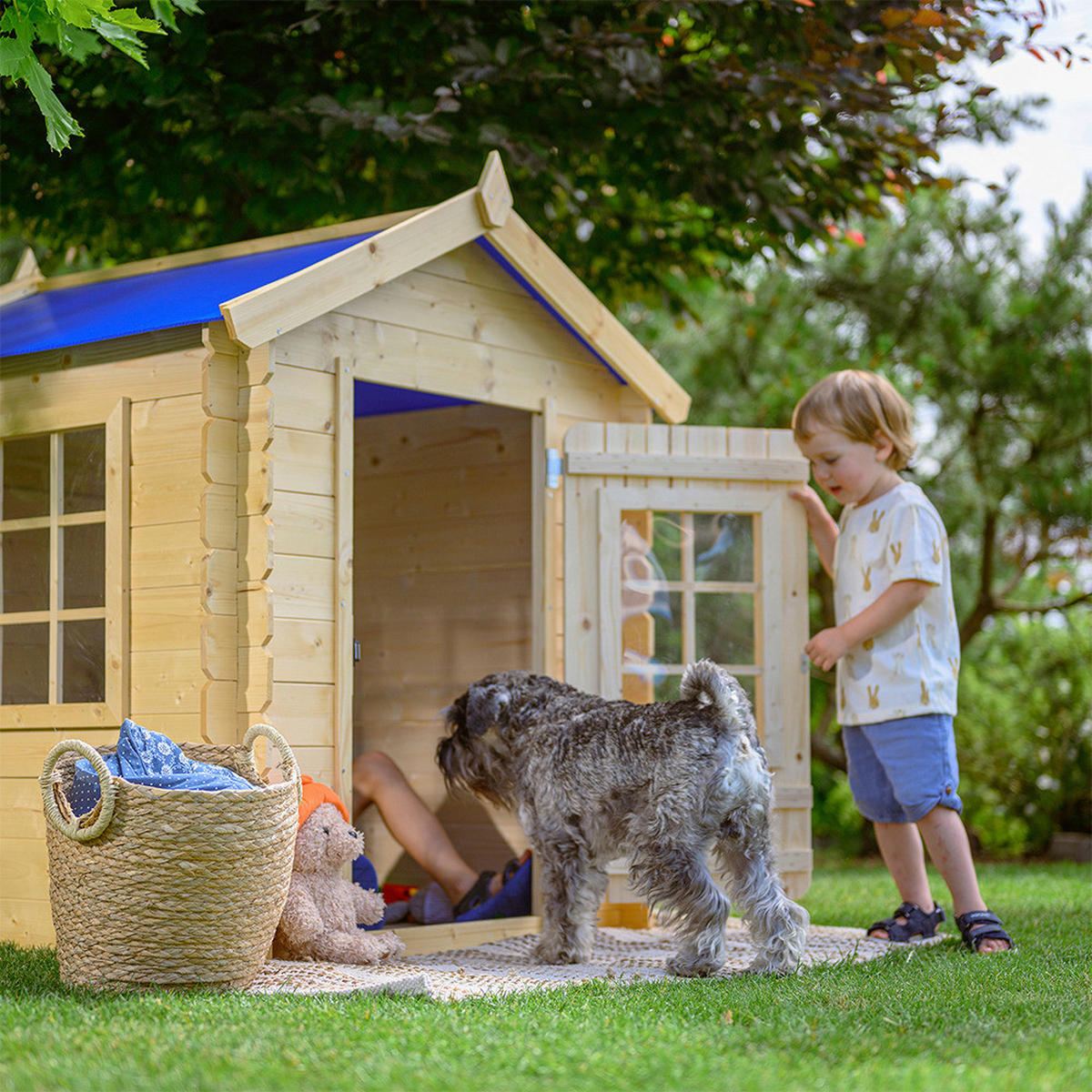 Timbela Kinderspielhaus M570M blau B/H/L: ca. 114x121x111 cm M570M - blau/natur (111,00/114,00/121,00cm) - Timbela