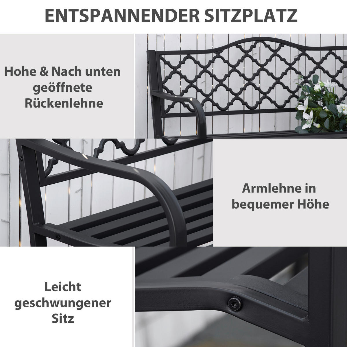 Outsunny Gartenbank schwarz Eisen B/H/L: ca. 58,5x89x128 cm Gartenbank - schwarz (128,00/58,50/89,00cm) - Outsunny