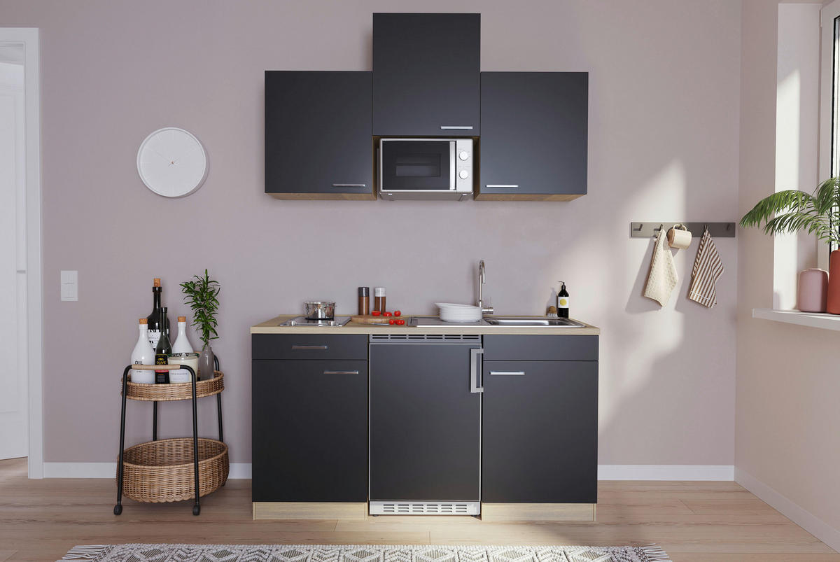 Respekta Singleküche Economy schwarz matt B/H/T: ca. 150x200x60 cm Economy - Eiche/schwarz (150,00/200,00/60,00cm) - Respekta