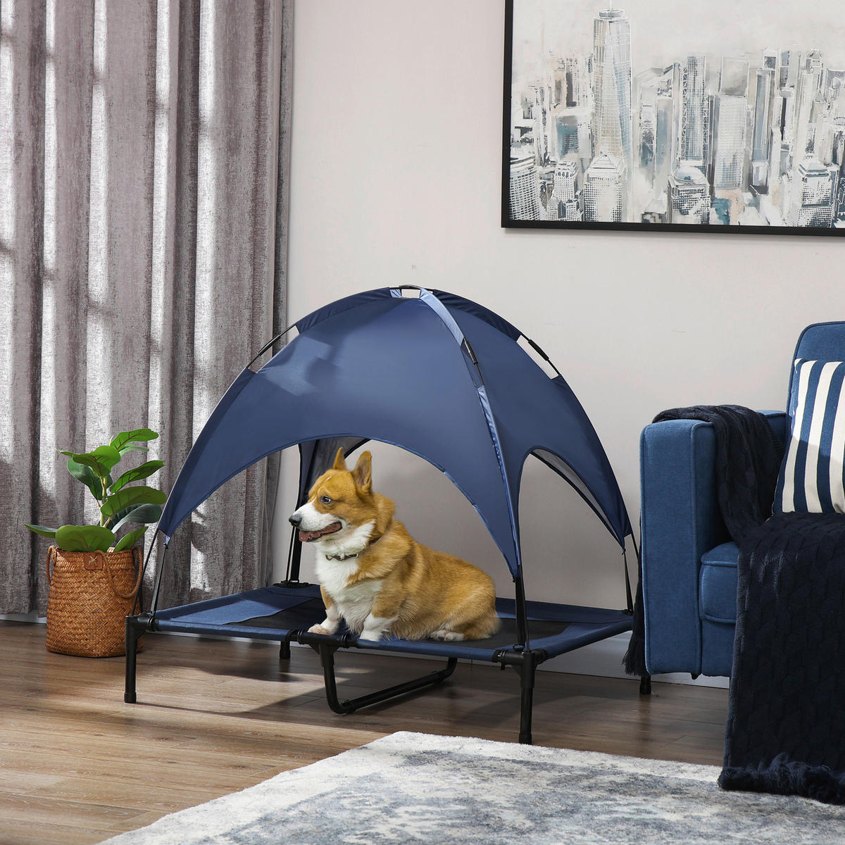PawHut Hunde-Zubehör schwarz Polyester B/H/L: ca. 76x92x90 cm Hundebett - schwarz/dunkelblau (90,00/76,00/92,00cm) - PawHut