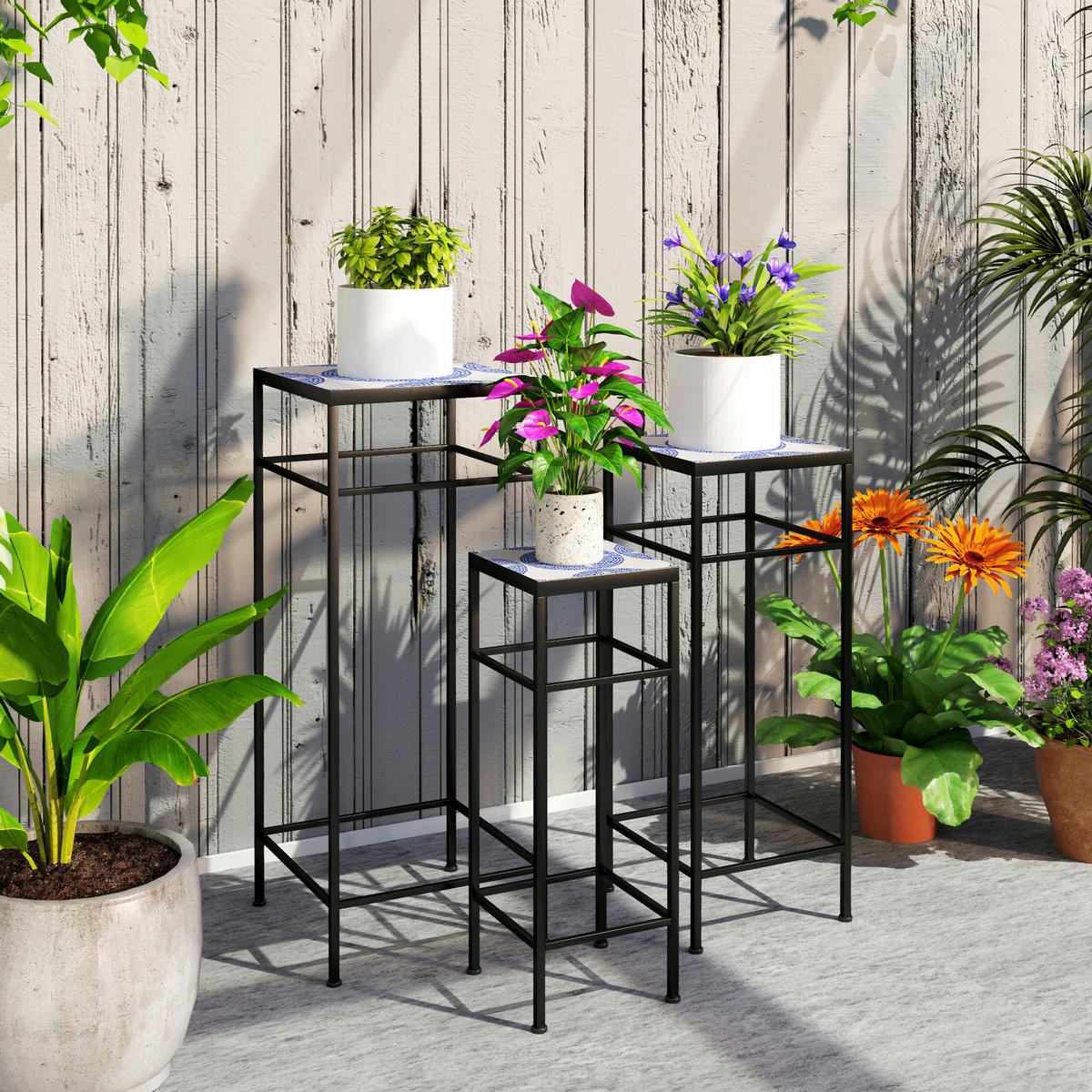 Outsunny Pflanzenständer 3er Set blau Metall B/H/L: ca. 28x71x28 cm Pflanzenständer 3er Set - blau (28,00/28,00/71,00cm) - Outsunny