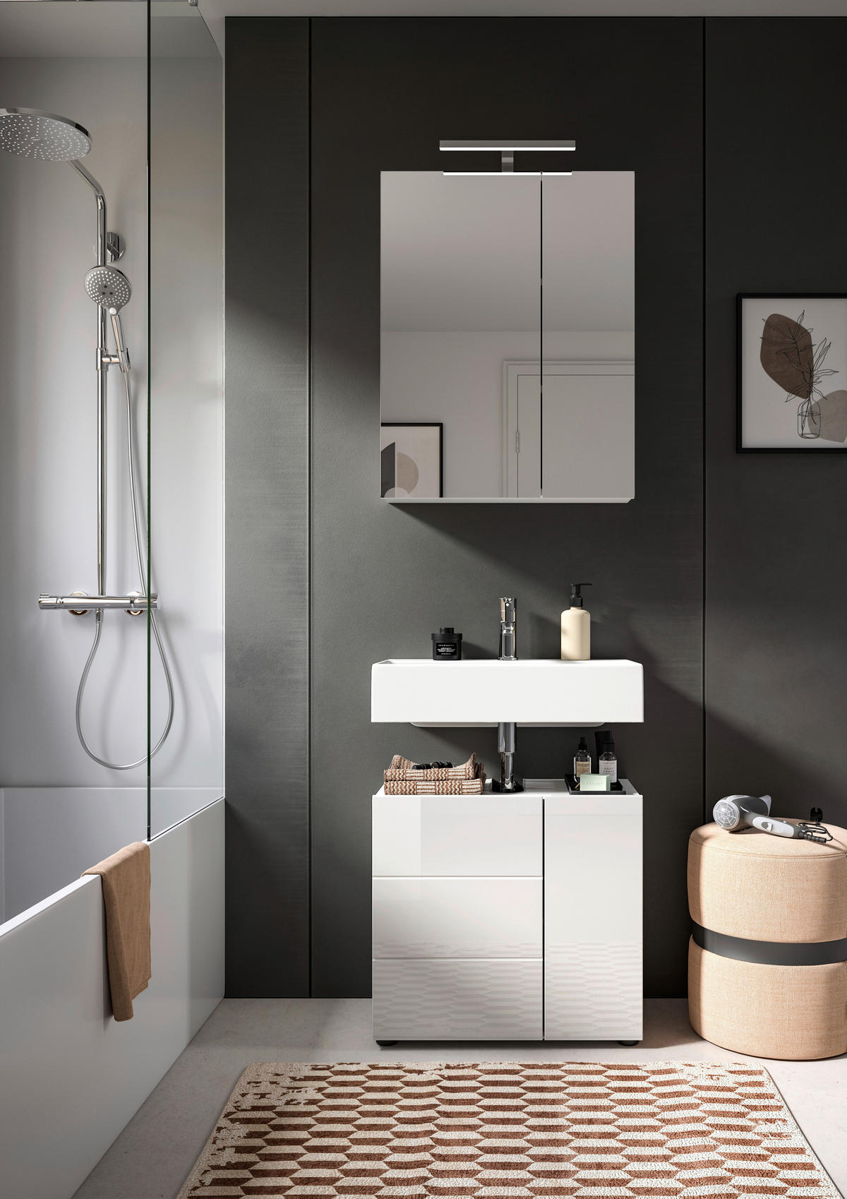 Badezimmer-Set VIRA weiß weiß Hochglanz B/H/T: ca. 60x190x34 cm VIRA - weiß (60,00/190,00/34,00cm) - xonox.home