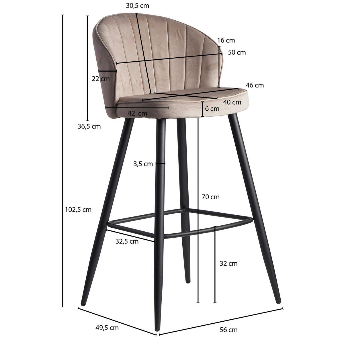 Barhocker beige schwarz Stoff Eisen B/H/T: ca. 56x102,5x52,5 cm Barhocker - beige/schwarz (56,00/102,50/52,50cm) - Wohnling