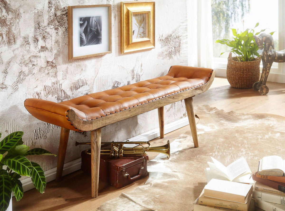 Wohnling Sitzbank braun natur Leder Echtholz B/H/T: ca. 125x50x38 cm Sitzbank - braun/natur (125,00/50,00/38,00cm) - Wohnling