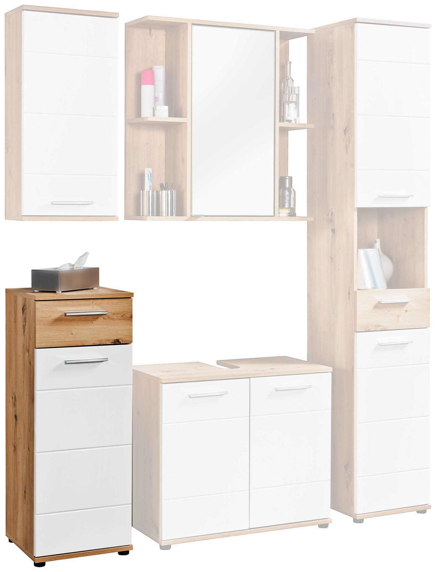 Badkommode Bergen Eiche Artisan Nachbildung weiß Hochglanz B/H/T: ca. 35x92x35 cm Bergen - Eiche/weiß (35,00/92,00/35,00cm)