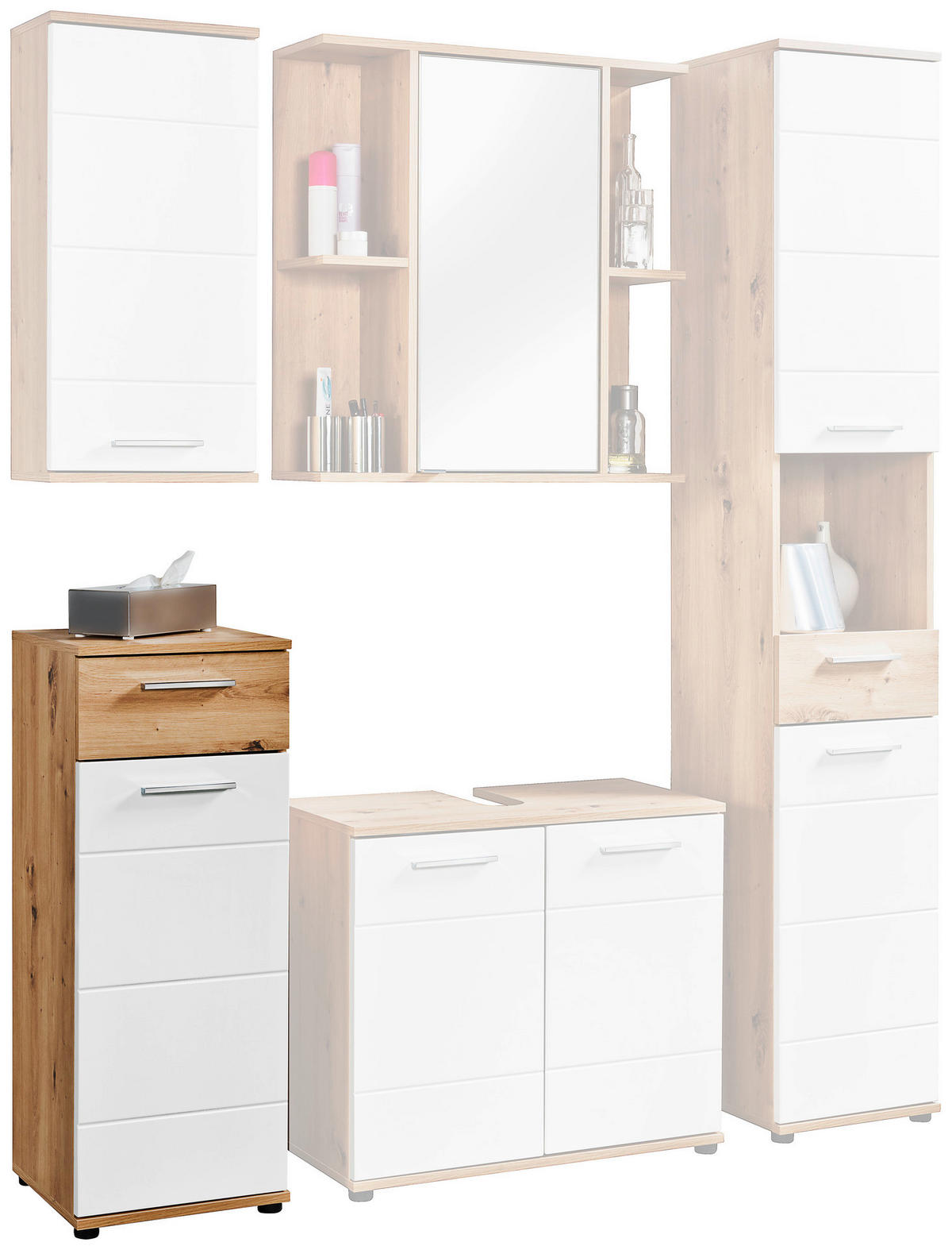 Badkommode Bergen Eiche Artisan Nachbildung weiß Hochglanz B/H/T: ca. 35x92x35 cm Bergen - Eiche/weiß (35,00/92,00/35,00cm)