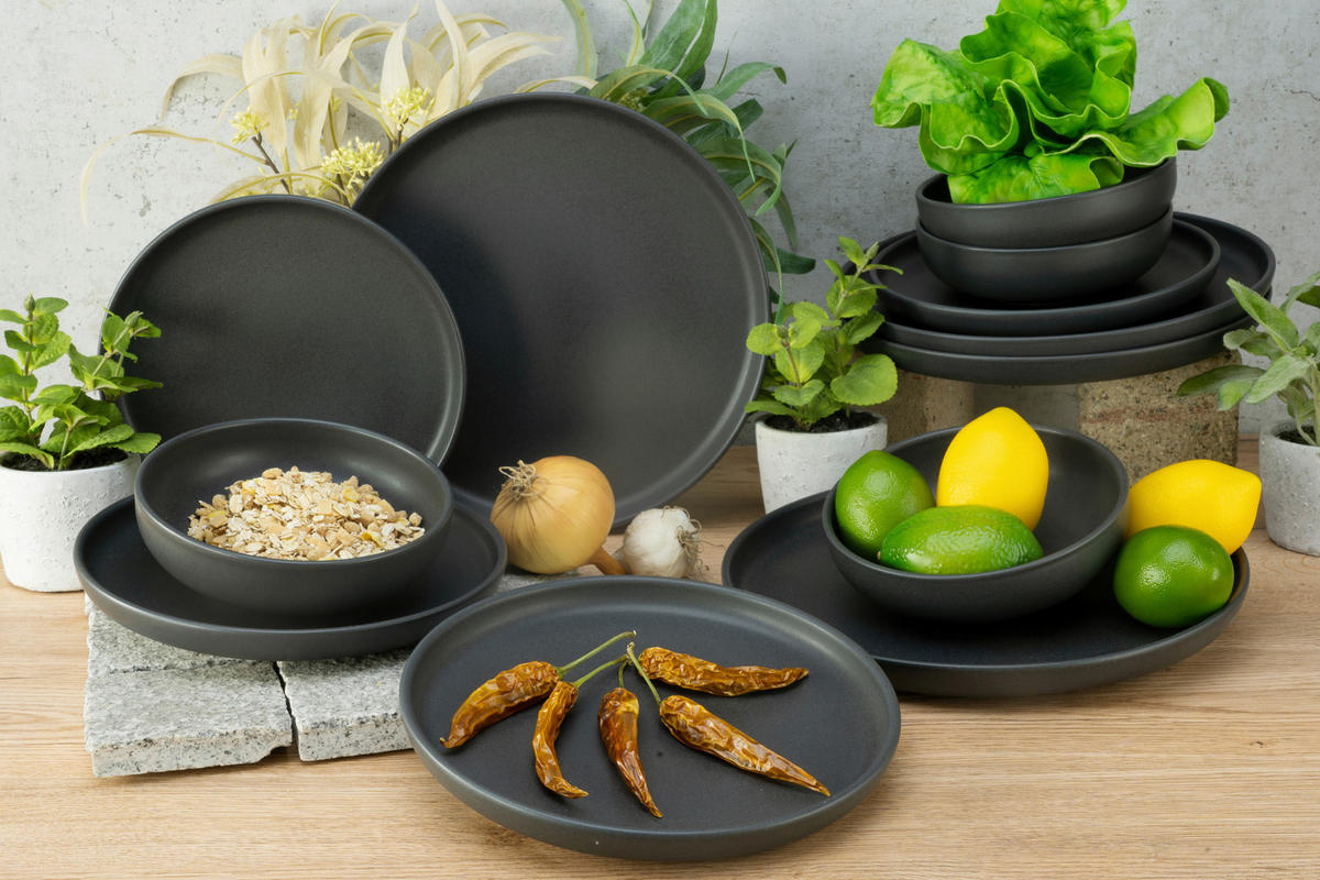 CreaTable Tafelservice Uno schwarz Steinzeug 12 tlg. Uno - schwarz - CreaTable