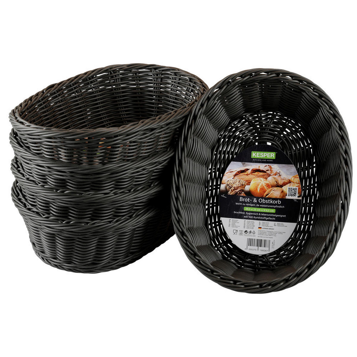 Kesper Brot und Obstkorb braun Kunststoff B/H/L: ca. 23x29,5x22 cm Brot-/u.Obstkorb_5erSet - braun (22,00/23,00/29,50cm) - Kesper