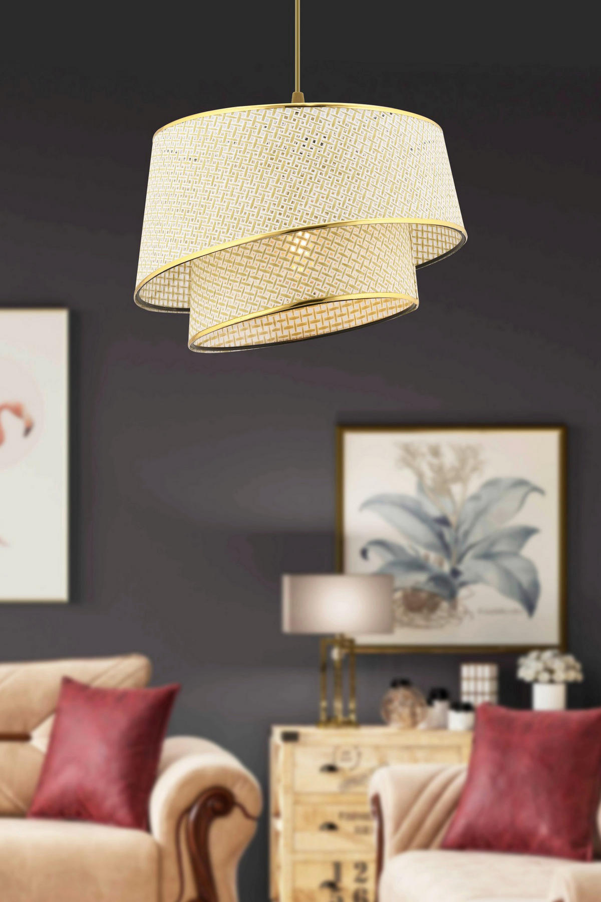 Opviq Pendelleuchte gold creme Stoff Metall B/H/L: ca. 32x65x32 cm E27 1 Brennstellen Barette Hazeran - gold/creme (32,00/32,00/65,00cm) - Opviq