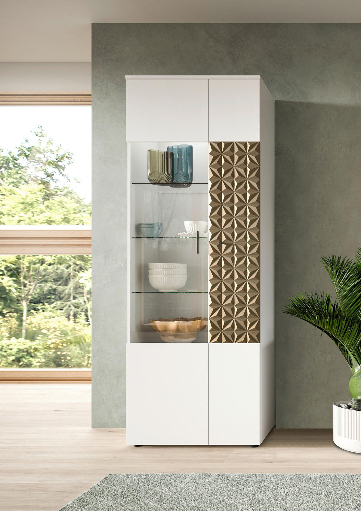 Vitrinenschrank Prisma weiß gold Optik B/H/T: ca. 70x195x37 cm Prisma - gold/weiß (70,00/195,00/37,00cm)
