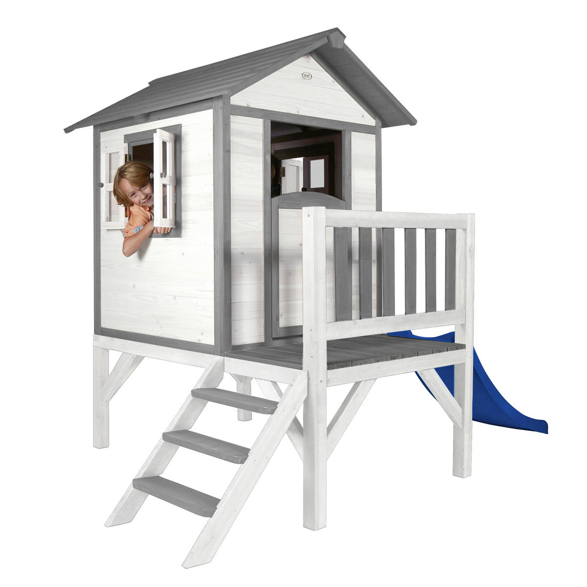 AXI Spielhaus Lodge XL grau B/H/T: ca. 240x189x167 cm Lodge XL - blau/weiß (240,00/189,00/167,00cm) - AXI