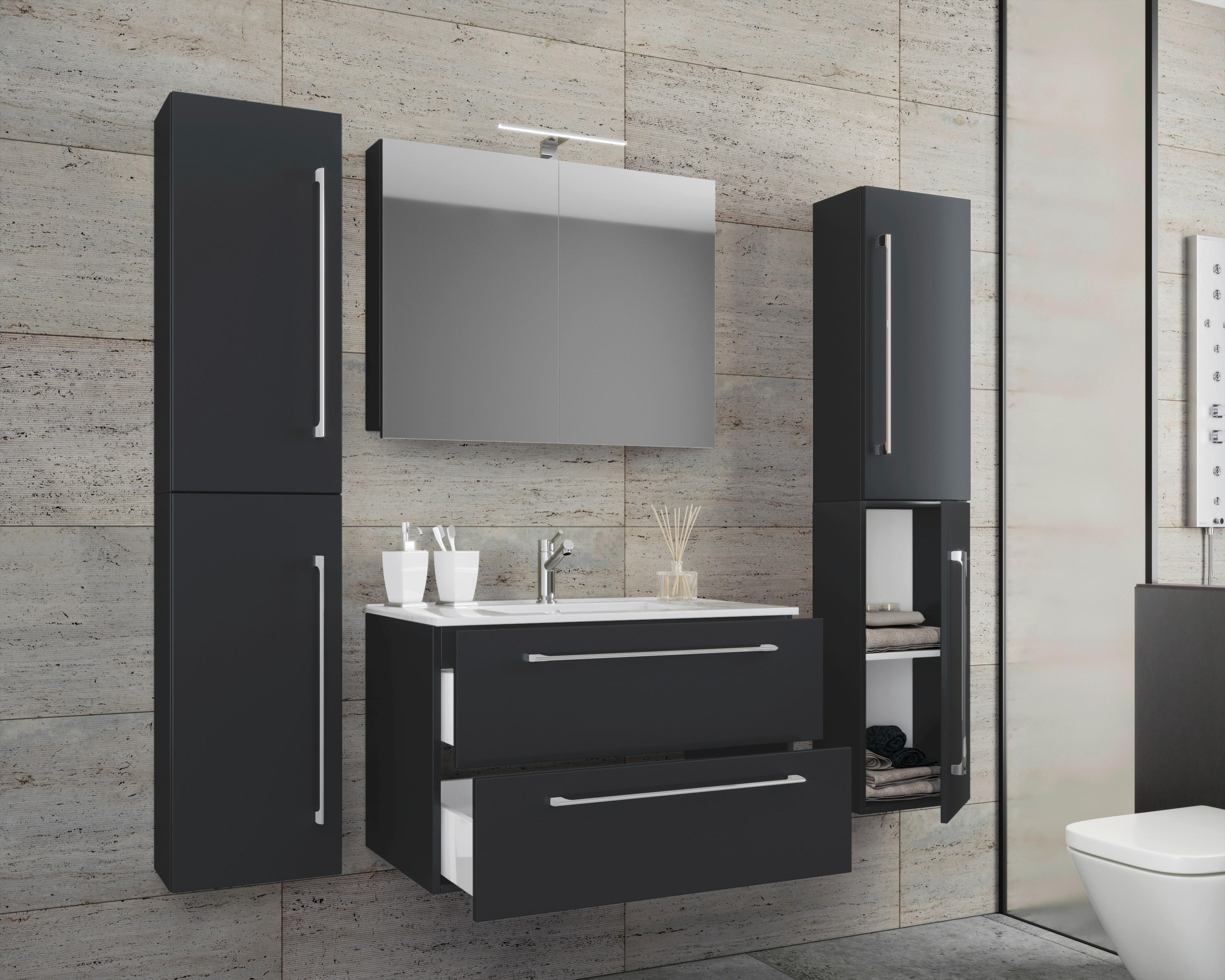 Waschplatz 5tlg-Badinos schwarz B/H/T: ca. 80x50x46 cm 5tlg-Badinos - schwarz (80,00/50,00/46,00cm) - VCM Möbel