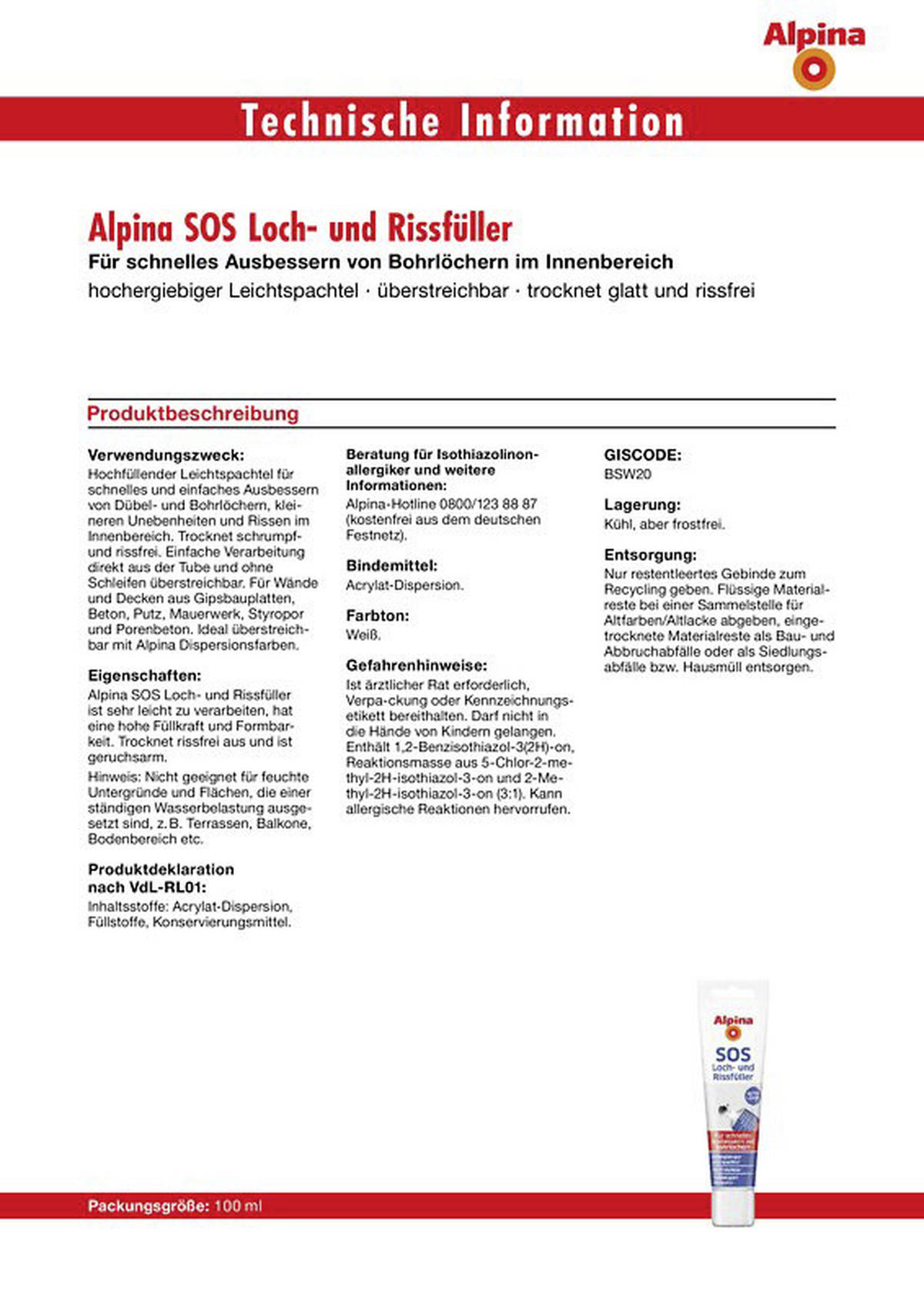 Loch- und Rissfüller ca. 0,1 l SOS-Loch-/u.Rissfüller_Alpina - weiß (100ml) - alpina