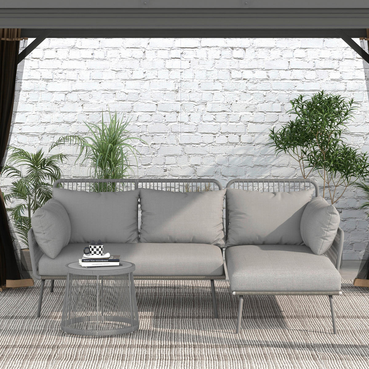 Outsunny Gartensitzgruppe 3tlg. hellgrau Polyester B/H/L: ca. 77x82x125 cm Gartensitzgruppe 3tlg. - hellgrau (125,00/77,00/82,00cm) - Outsunny