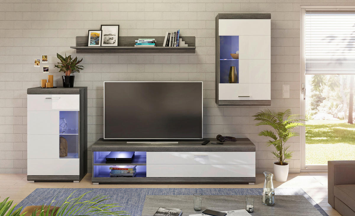 Wohnwand Scout Rauchsilber Nachbildung weiß Hochglanz B/H/T: ca. 265x185x40 cm Scout - weiß (265,00/185,00/40,00cm)