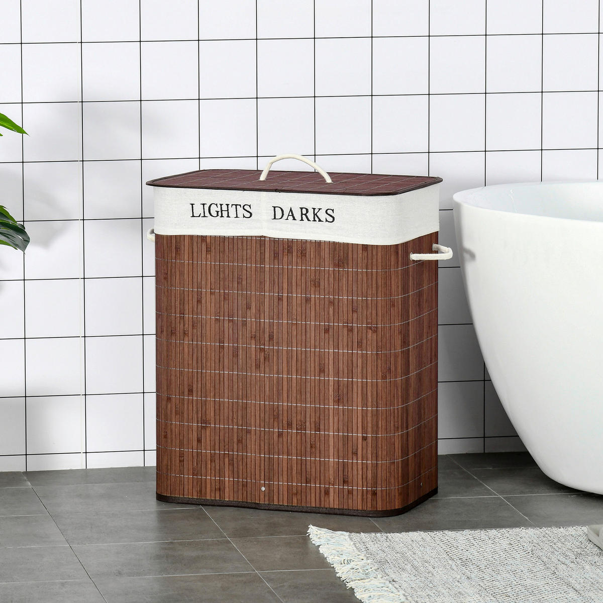 HOMCOM Wäschekorb weiß B/H/L: ca. 32x52x63 cm Wäschekorb - braun/weiß (63,00/32,00/52,00cm) - HOMCOM