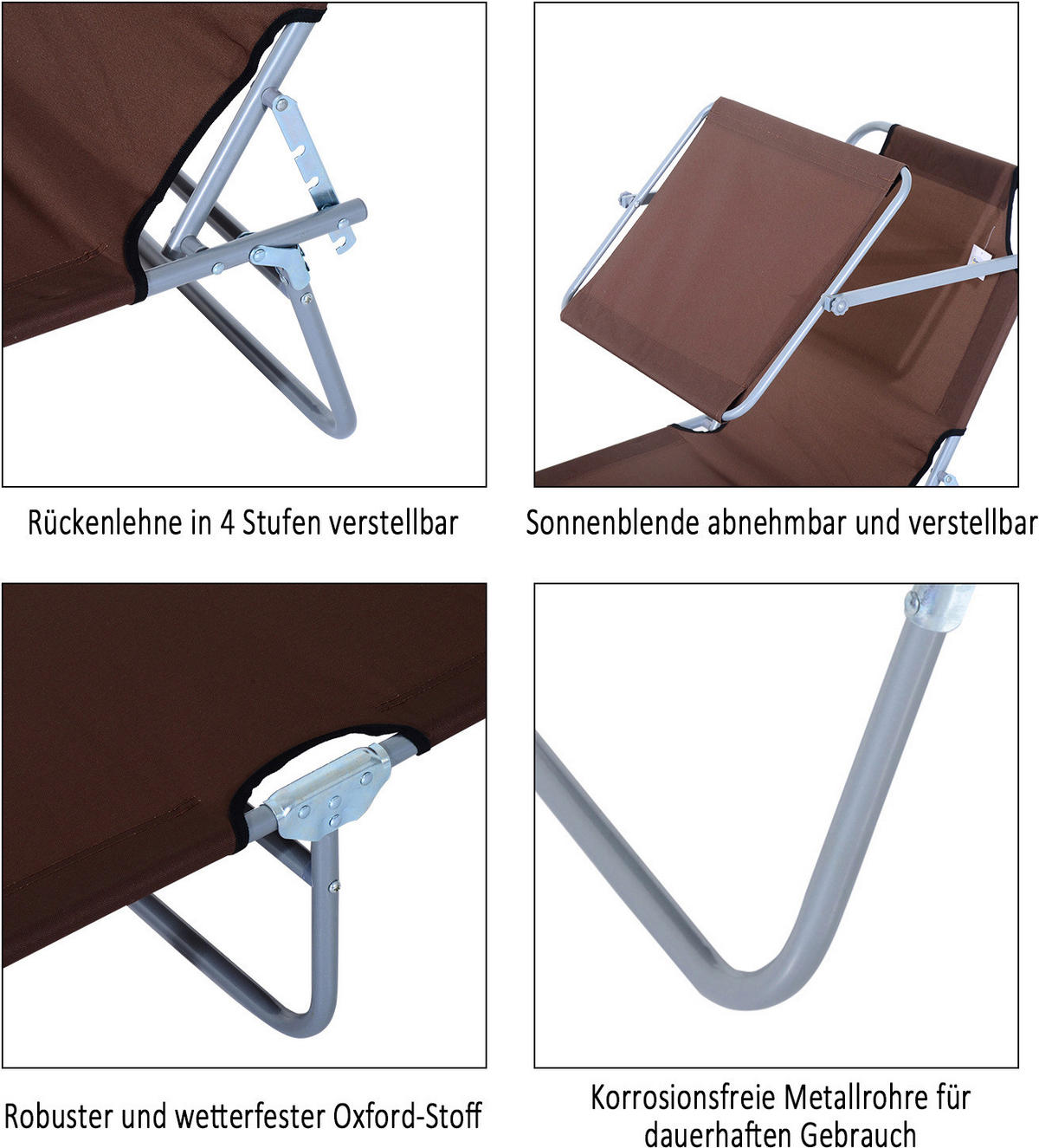 Outsunny Sonnenliege braun Metall B/H/L: ca. 58x27x187 cm Sonnenliege_mit_Sonnenschutz - braun (187,00/58,00/27,00cm) - Outsunny
