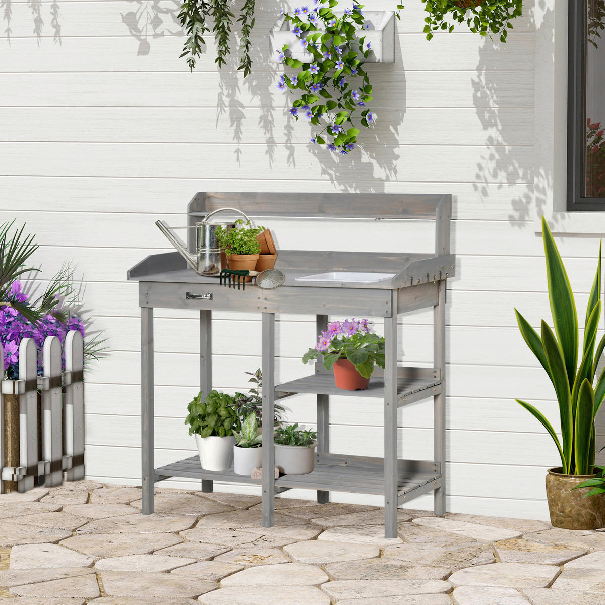 Outsunny Gärtnertisch grau B/H/T: ca. 117x121x45 cm ca. 30 kg Gärtnertisch 845-170LG - grau (117,00/121,00/45,00cm) - Outsunny