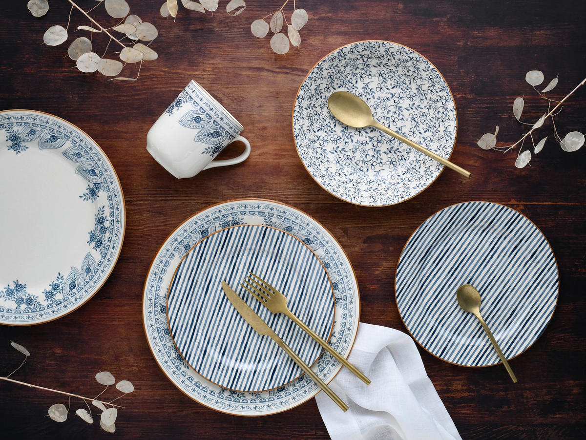CreaTable Tafelservice Euböa blau Steingut 16 tlg. Euböa - blau (33,00/33,00/30,50cm) - CreaTable