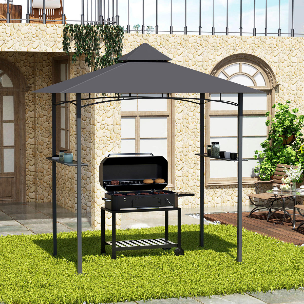 Outsunny Grillpavillon schwarz Stahl B/H/L: ca. 148x252x245 cm Grillpavillon - schwarz/grau (245,00/148,00/252,00cm) - Outsunny