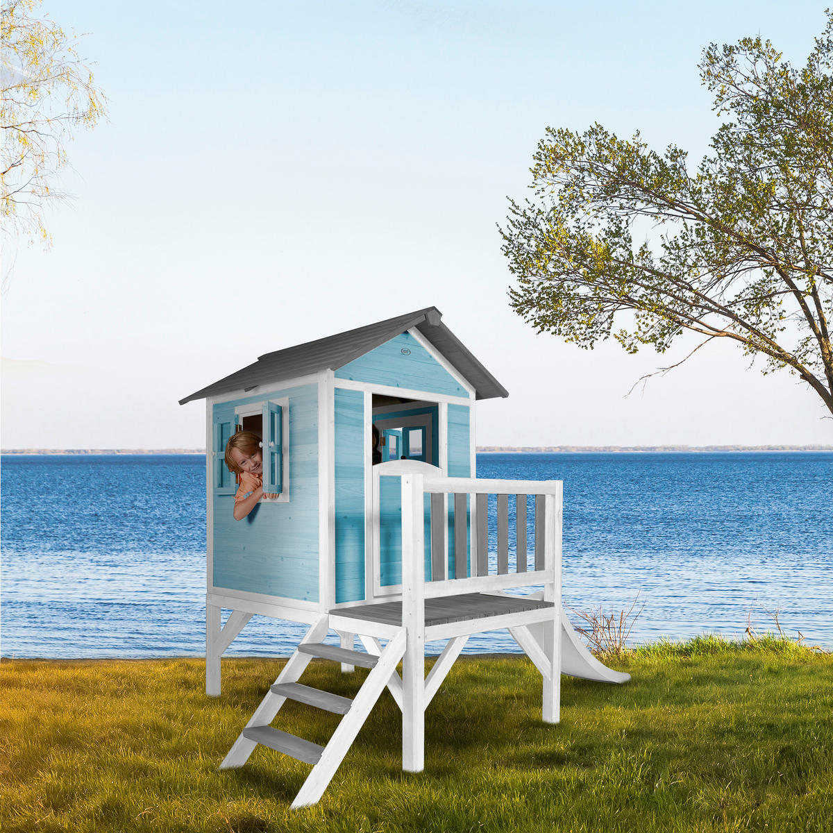 AXI Spielhaus Lodge XL blau B/H/L: ca. 240x189x167 cm Lodge XL - blau/weiß (167,00/240,00/189,00cm) - AXI