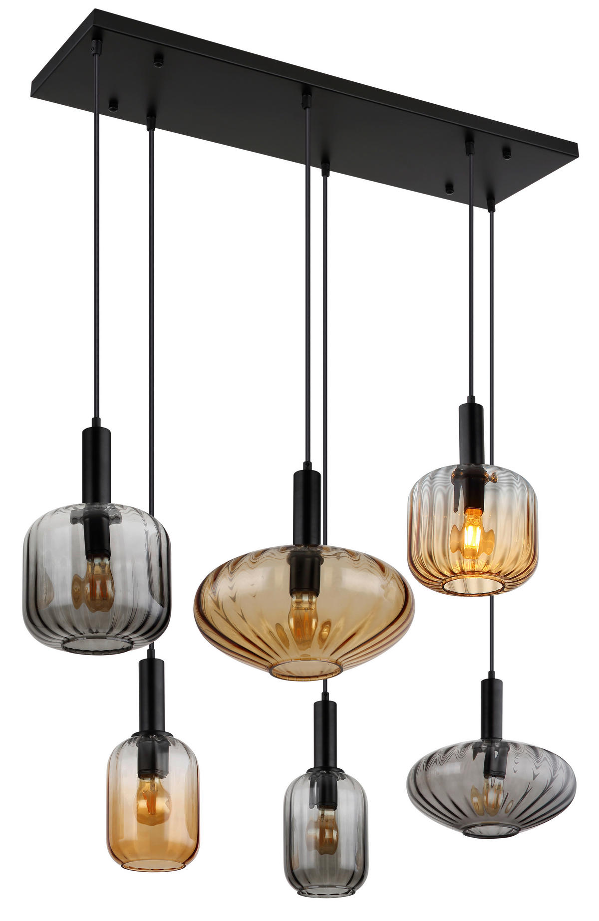 GLOBO Pendelleuchte schwarz Rauch amber Metall Glas PVC B/H/L: ca. 47x150x100 cm E27 6 Brennstellen VALLETTA - schwarz/amber (100,00/47,00/150,00cm) - GLOBO