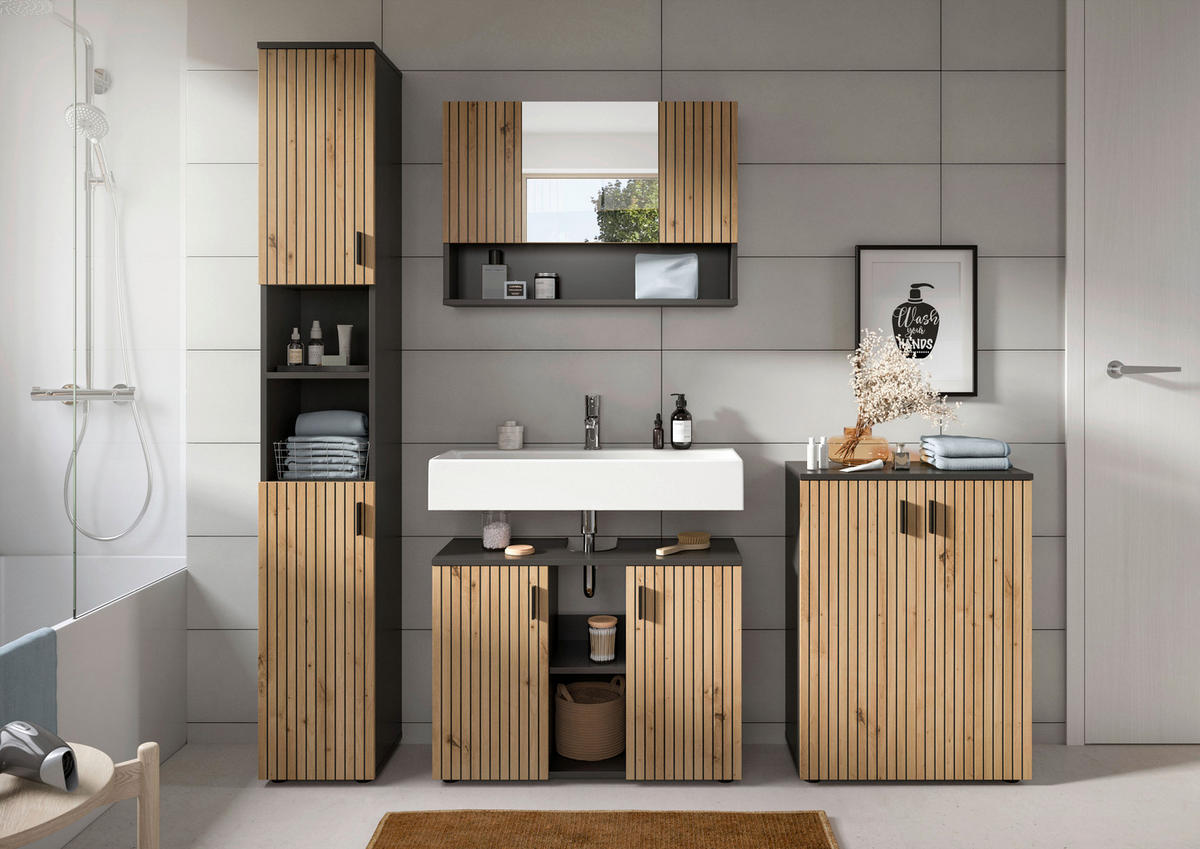 Badezimmer-Set Mone Basalt Nachbildung Artisan Oak Nachbildung B/H/T: ca. 200x192x30 cm Mone - Basalt (200,00/192,00/30,00cm) - xonox.home