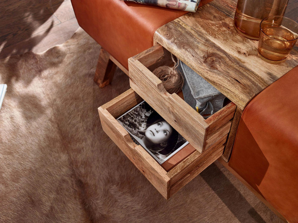 Wohnling Sitzbank braun natur Leder Echtholz B/H/T: ca. 120x56x30 cm Sitzbank - braun/natur (120,00/56,00/30,00cm) - Wohnling