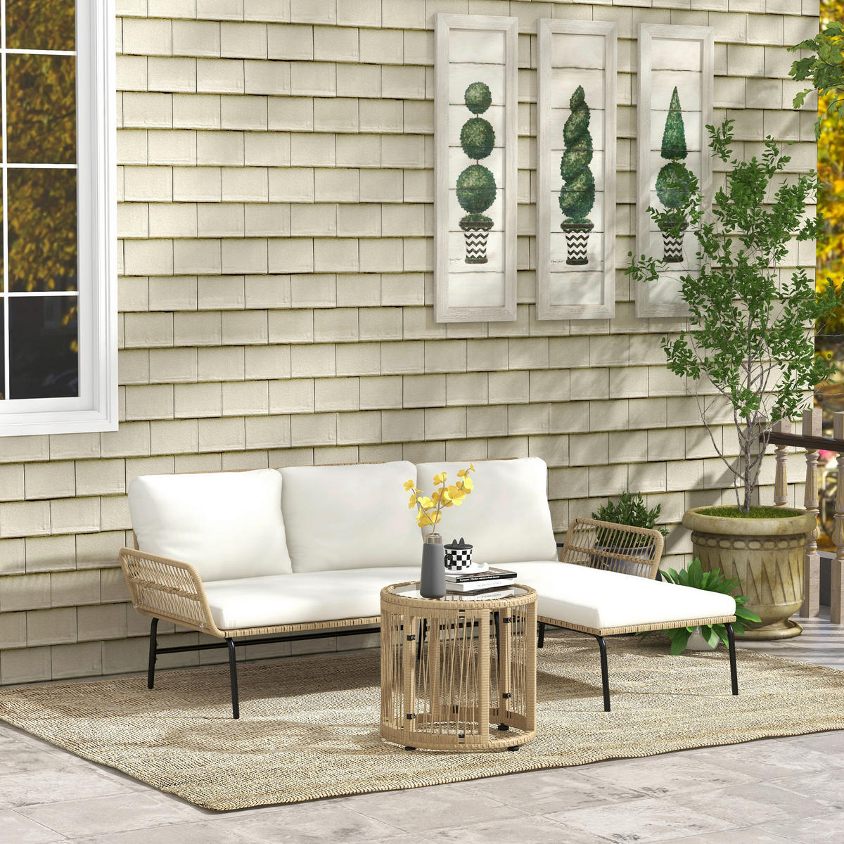 Outsunny Sitzgruppe cremeweiß Polypropylen B/H/L: ca. 79x122x75 cm Gartenmöbel_Set - cremeweiß (75,00/79,00/122,00cm) - Outsunny