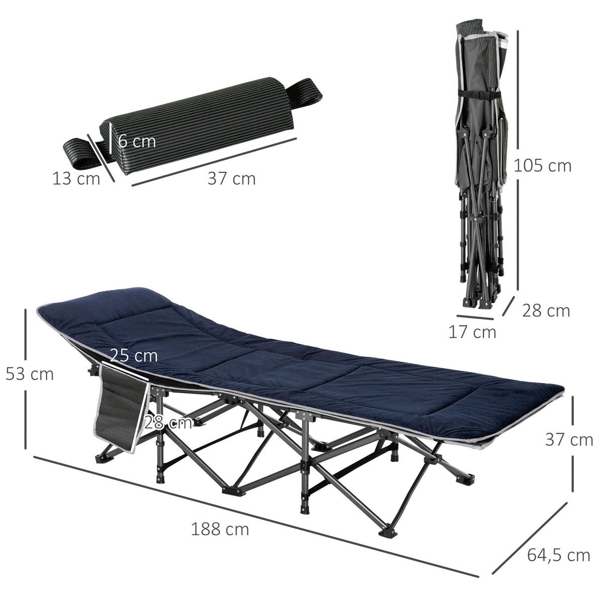 Outsunny Campingbett B/H/L: ca. 64,5x53x188 cm Campingbett - dunkelblau/grau (188,00/64,50/53,00cm) - Outsunny