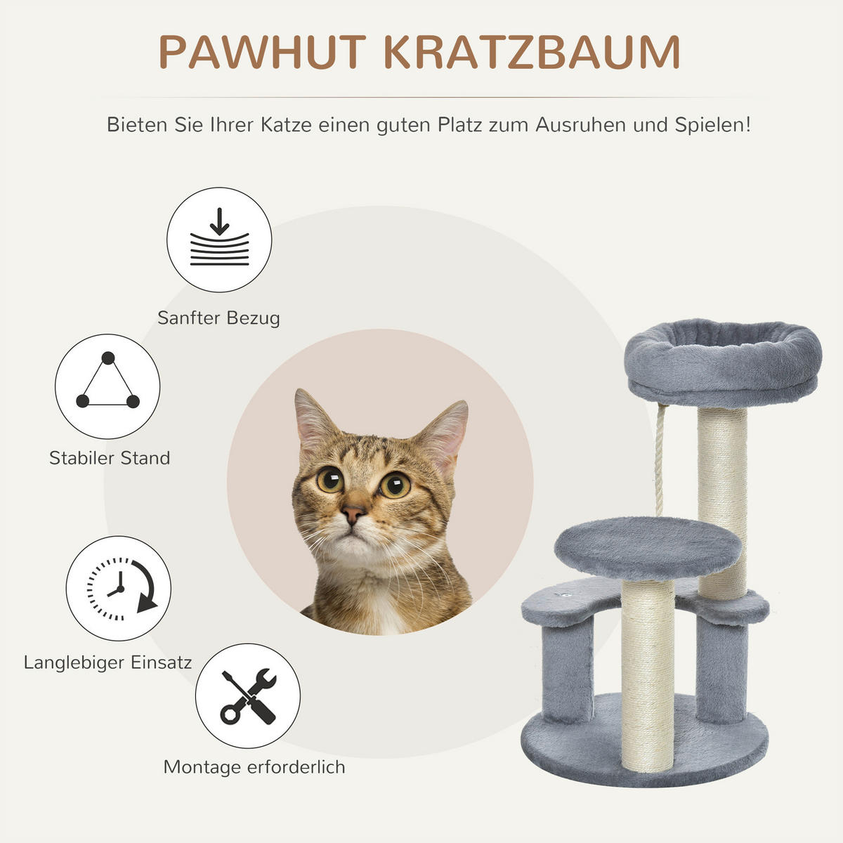 PawHut Katzen-Zubehör grau Polypropylen B/H/L: ca. 40x40x65 cm Katzenbaum - grau (65,00/40,00/40,00cm) - PawHut