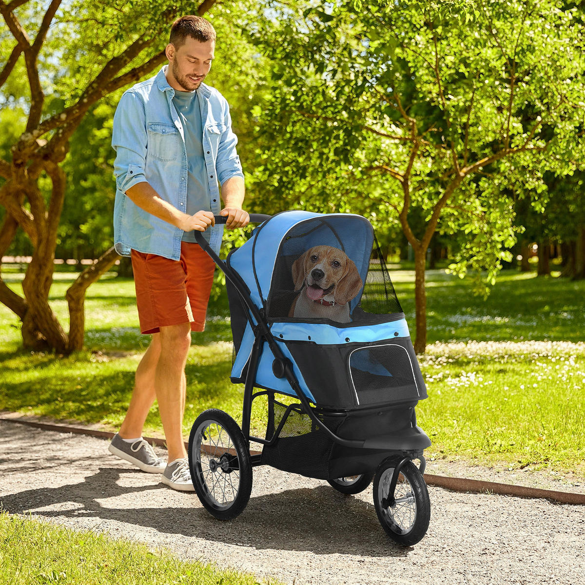PawHut Hunde-Zubehör blau Edelstahl B/H/L: ca. 58x111x107 cm Hundebuggy - blau (107,00/58,00/111,00cm) - PawHut