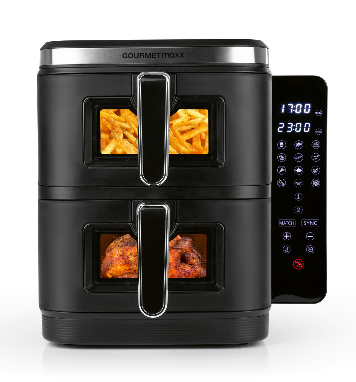 GOURMETmaxx Heißluftfritteuse schwarz Kunststoff B/H/L: ca. 28,6x35,5x44,3 cm ca. 5 l Doppel-Heißluftfritteuse 16509 - schwarz (44,30/28,60/35,50cm) - GOURMETmaxx